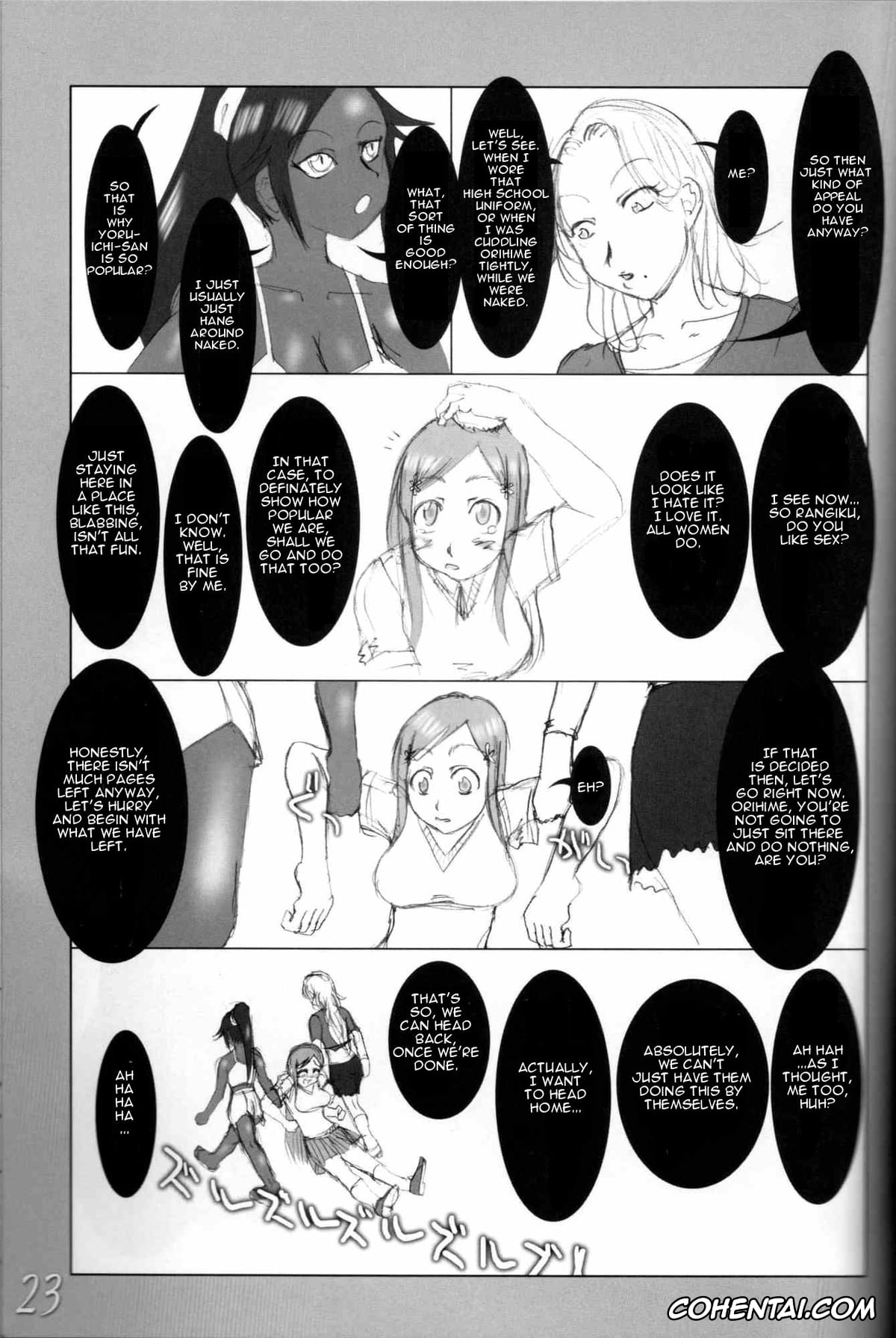 Bleach xxx, Hiyori Sarugaki xxx, Lisa Yadomaru xxx, Mashiro Kuna xxx, Orihime Inoue xxx, Rangiku Matsumoto xxx, Yoruichi Shihoin xxx, H-Sen vol. 11 (BLEACH), pagina 22