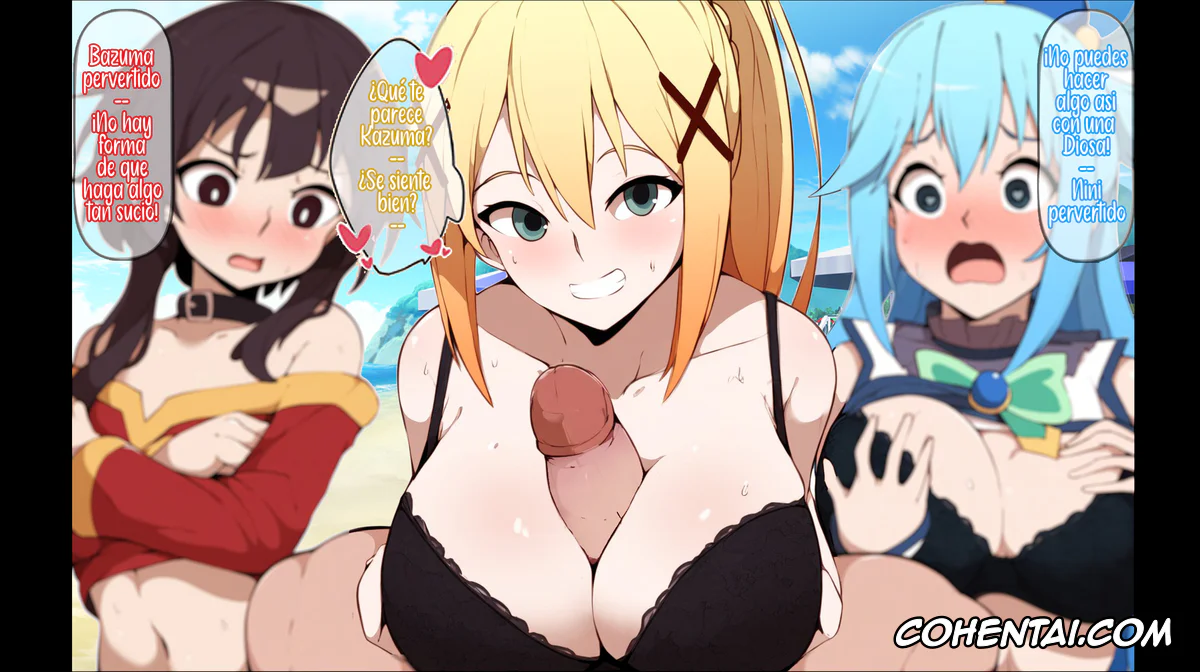 Kono Subarashii Sekai ni Syukufuku o! xxx, Aqua xxx, Darkness | Lalatina Ford Dustiness xxx, Megumin xxx, Vacaciones en la playa con Aqua, Megumin y Darkness (Kono Subarashii Sekai ni Syukufuku o!), pagina 1