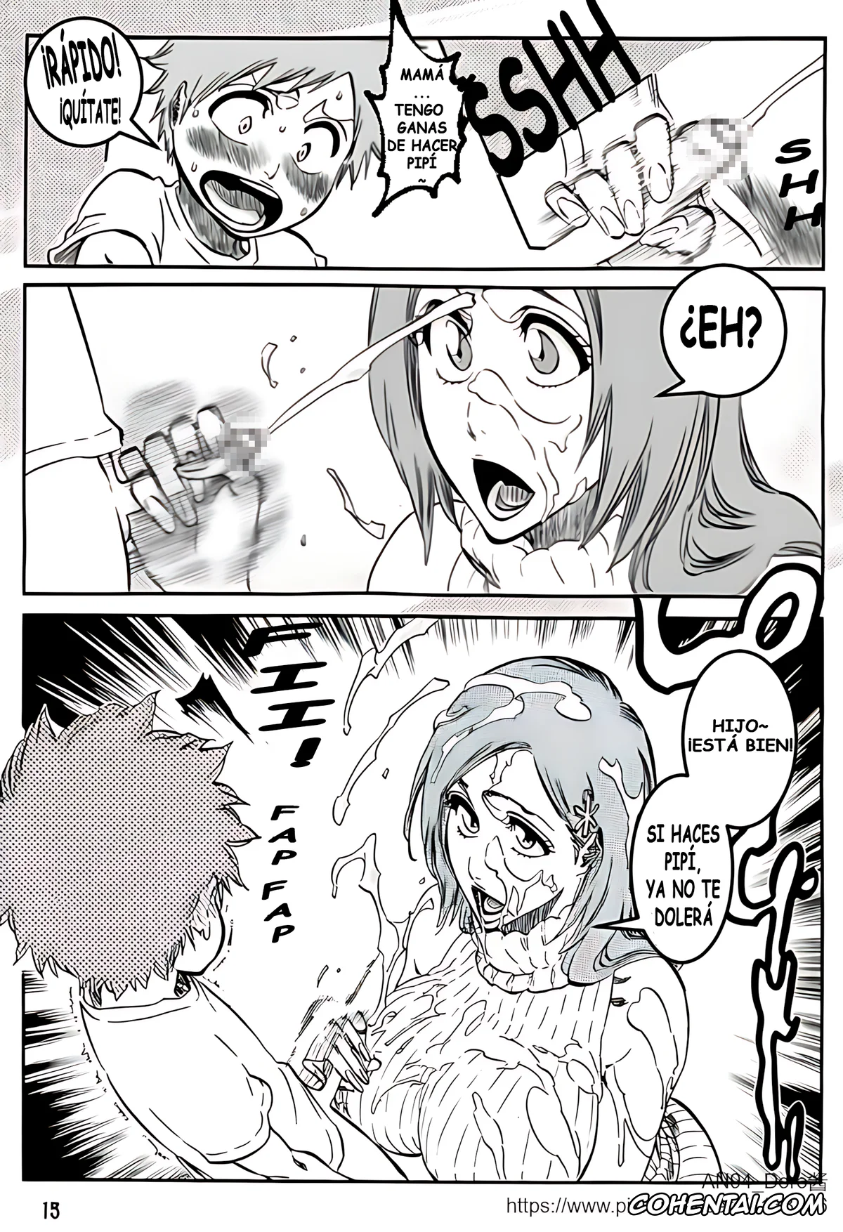 Bleach xxx, Kazui Kurosaki xxx, Orihime Inoue xxx, Mamá, me pica aquí… El diario de «atenciones sexuales» de Inoue. (Bleach), pagina 16